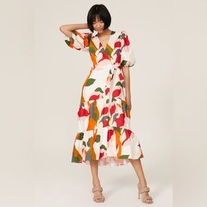 Hutch Multicolor Abstract Floral Midi Dress - White, Red, Orange, Green